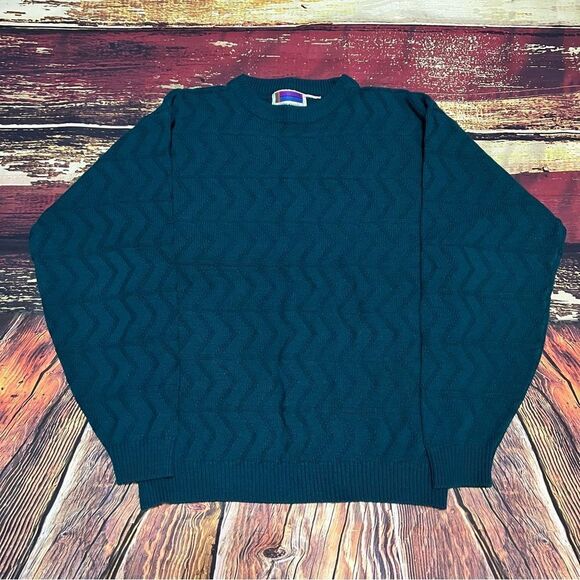 Vintage 80s Grandpa Textured Patterned Knit Sweater Teal Green / Blue - Picture 1 of 4